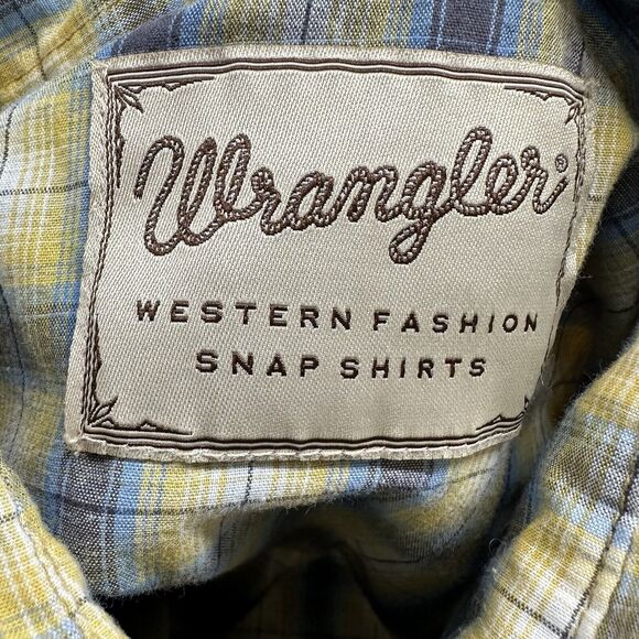 Y2K Wrangler Western Blue Yellow Plaid Pearl Snap Sleeved Shirt Mens M‎ Cowboy - Picture 3 of 8